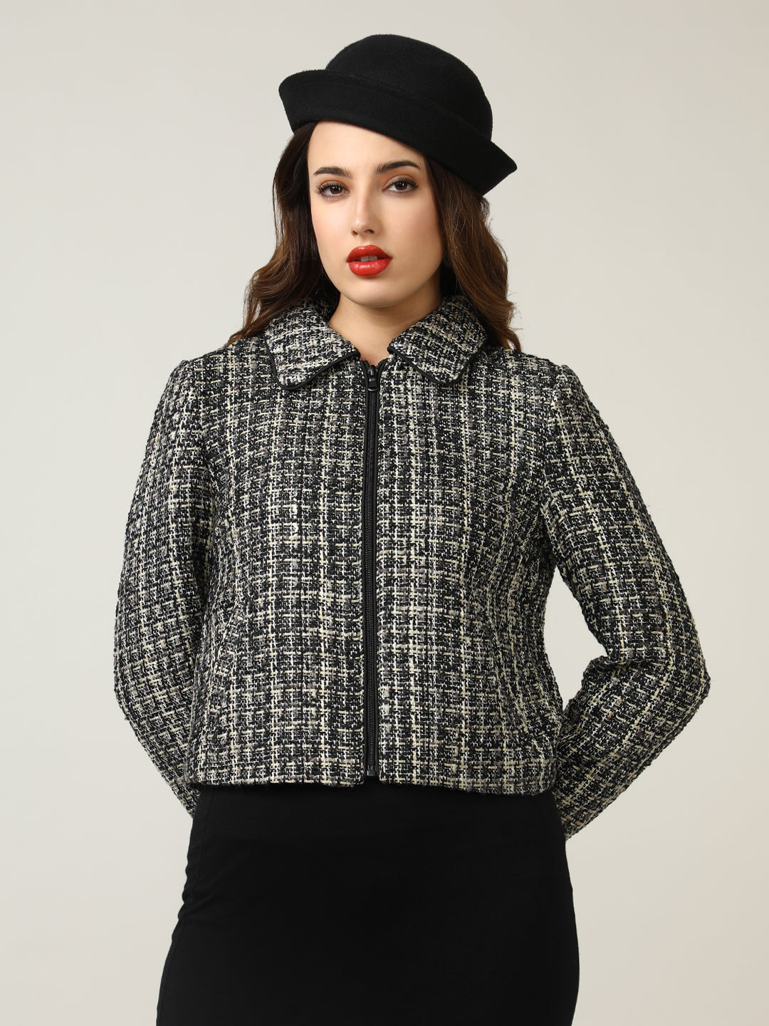 Women's Black Classic Zip-Up Tweed Jacket - Main Image