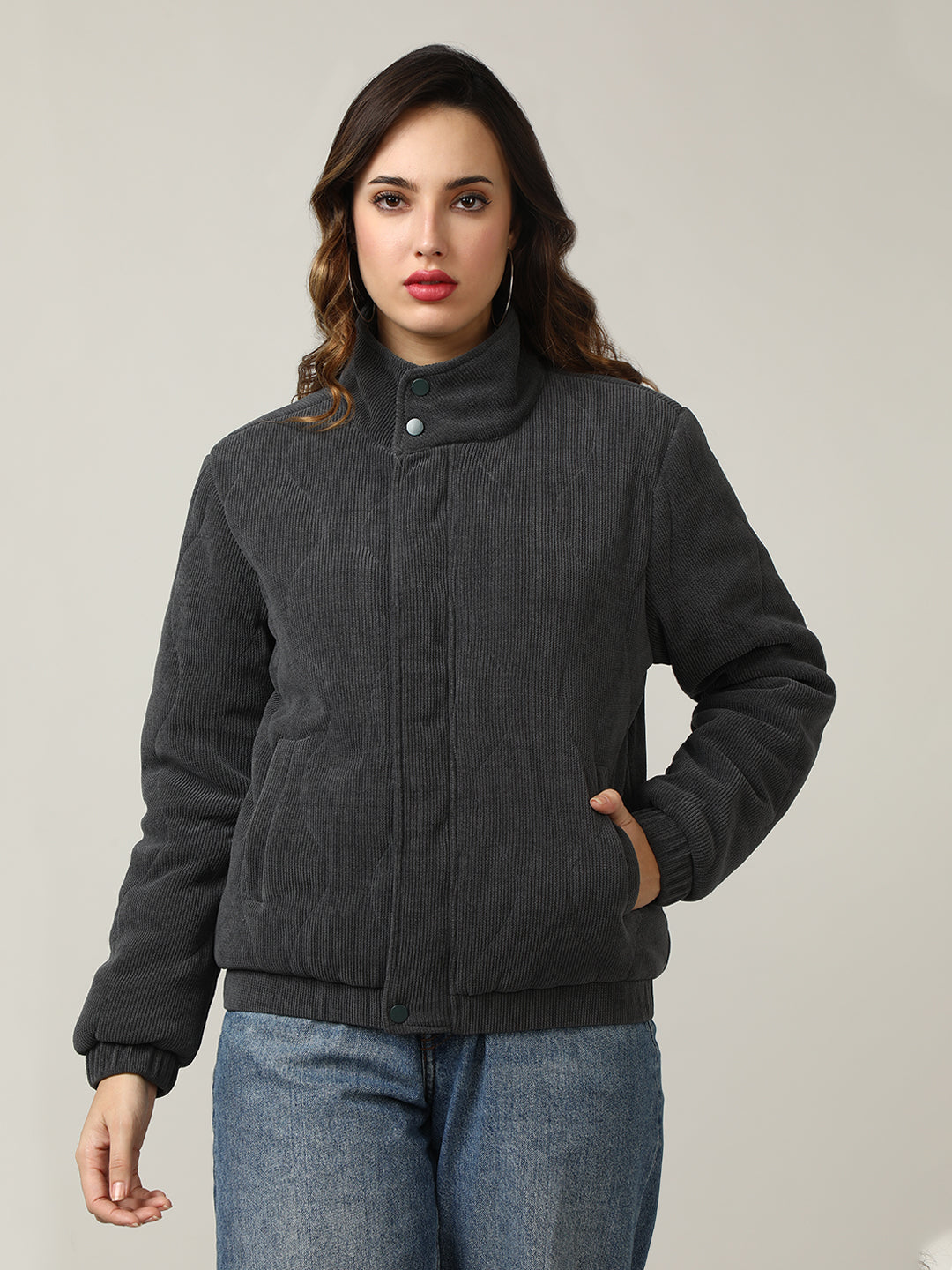 Quilted Grey Corduroy Puffer Jacket