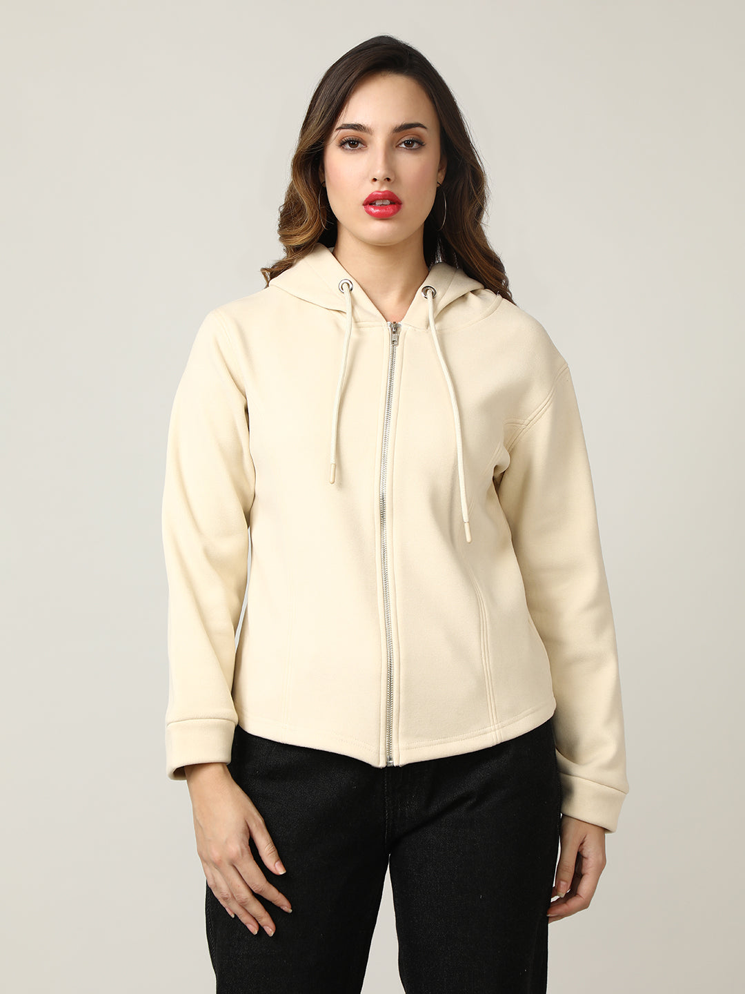 Women's Beige Full-Zip Fleece Hoodie Sweatshirt