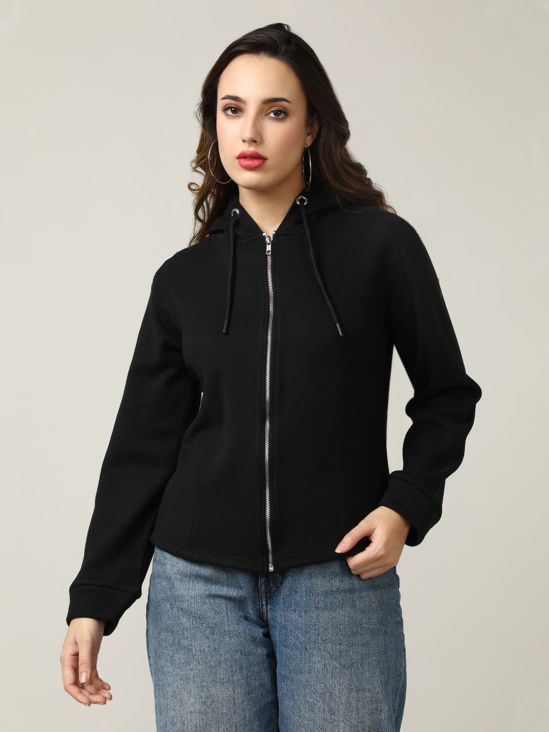 Women's Black Full-Zip Fleece Hoodie Sweatshirt