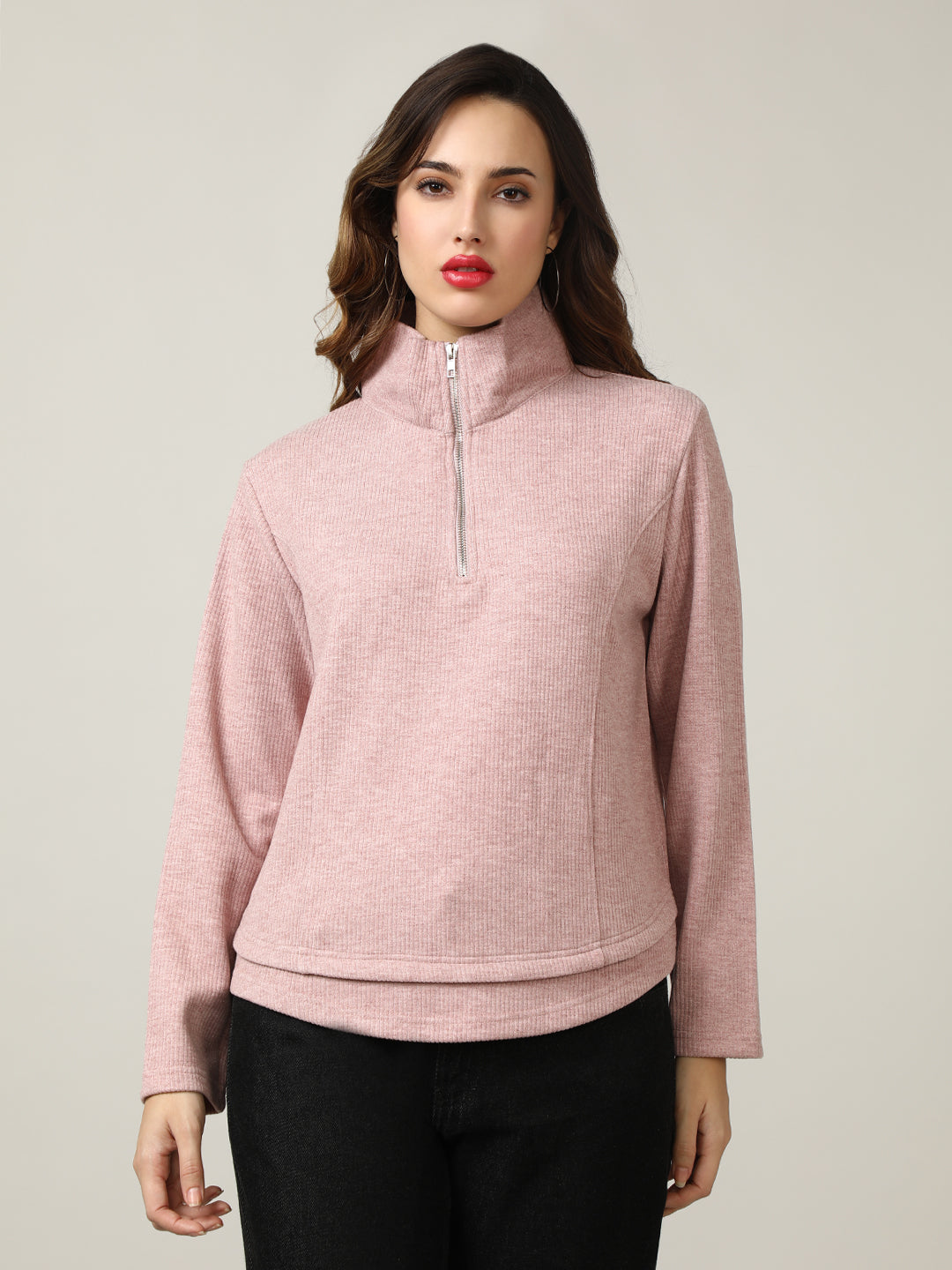 Ribbed Pink Half-Zip Pullover Sweatshirt