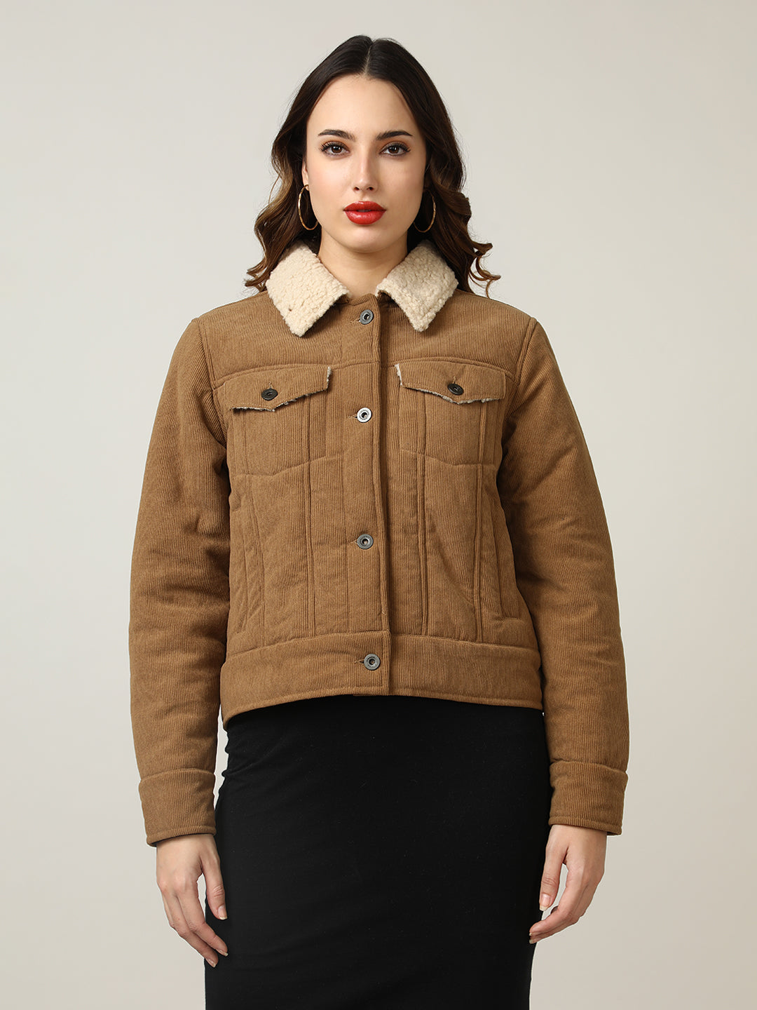 Cozy Camel Corduroy Jacket with Shearling Collar