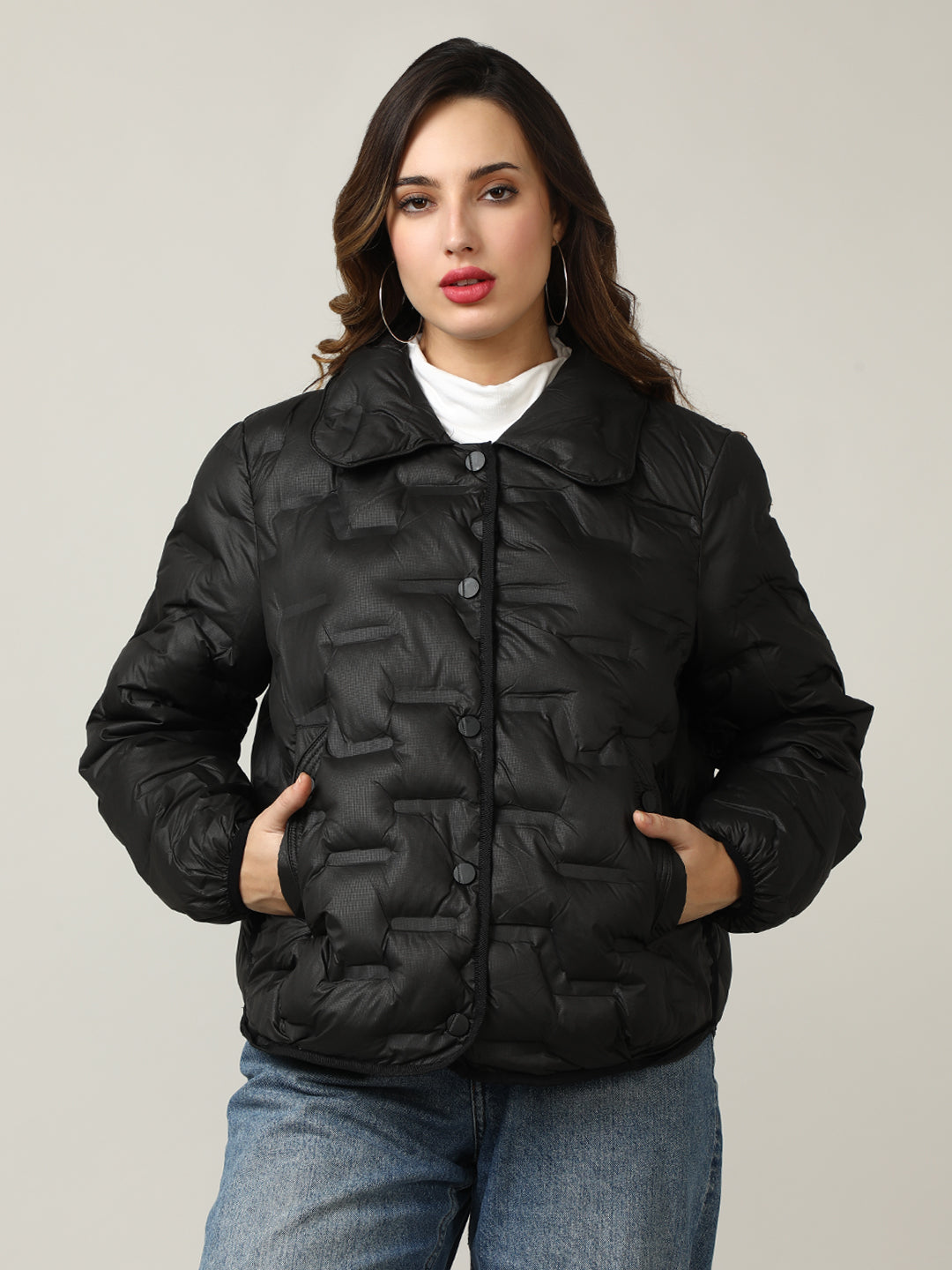 Stylish Black Button-Up Puffer Jacket