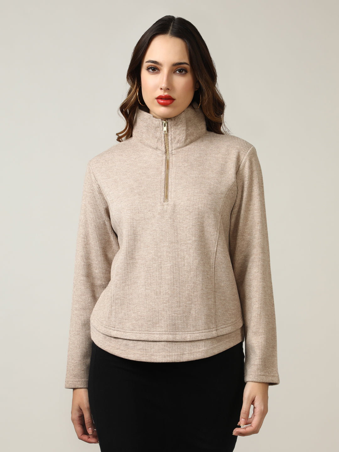 Ribbed Camel Half-Zip Pullover Sweatshirt
