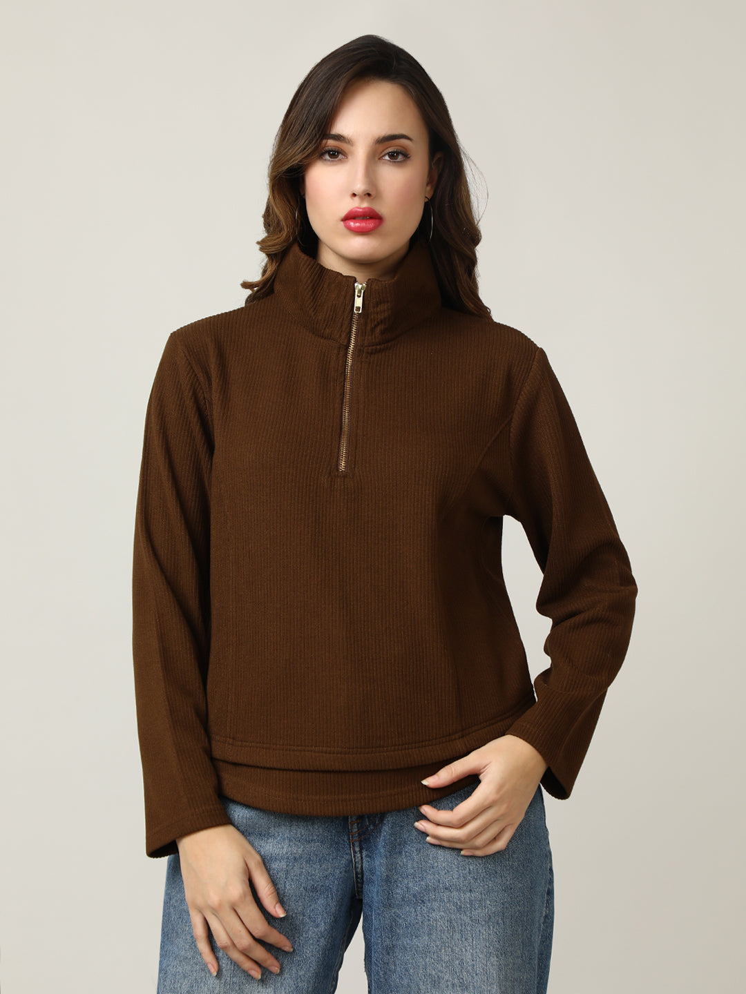 Ribbed Brown Half-Zip Pullover Sweatshirt