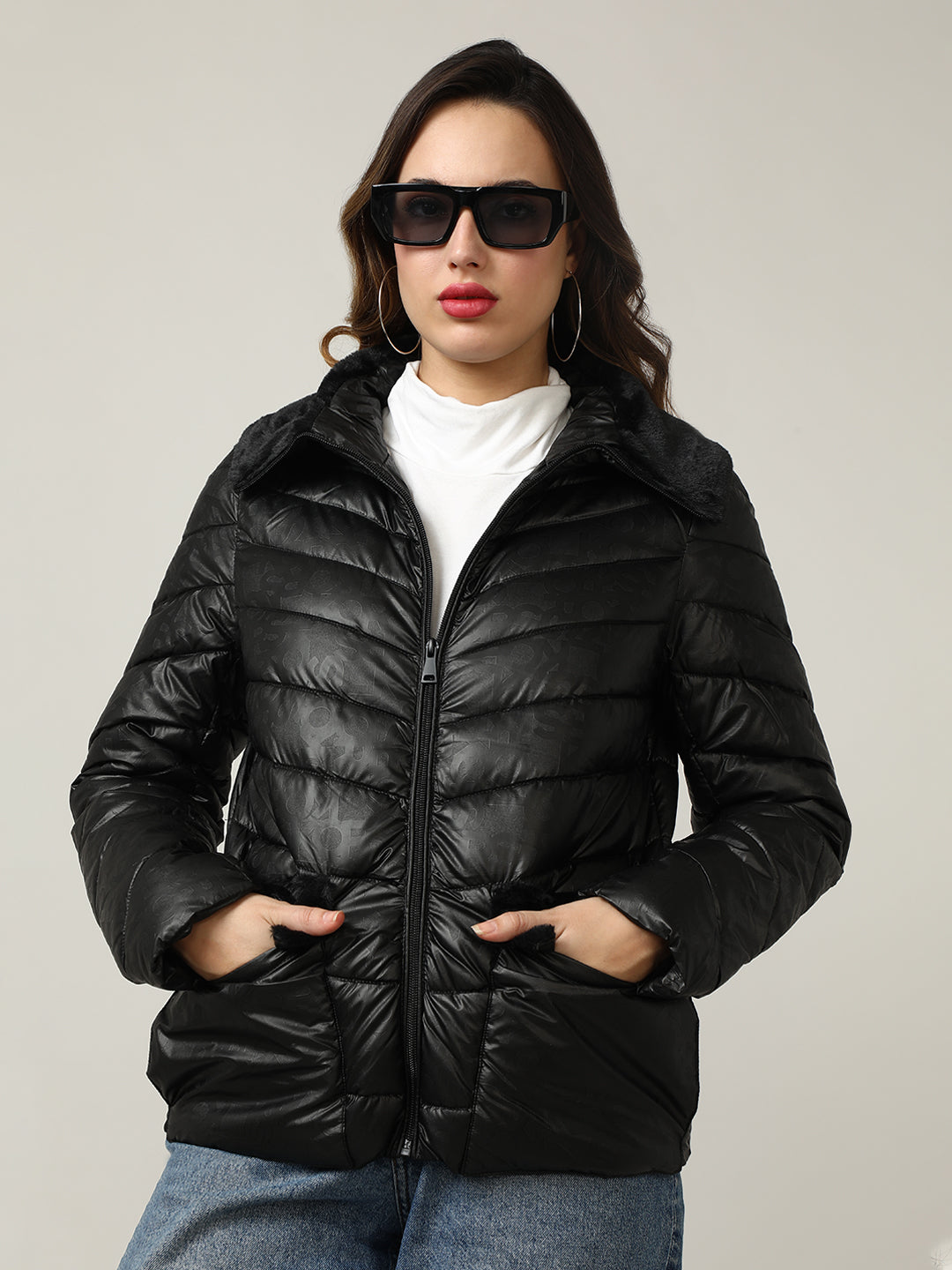 Women's Black Quilted Puffer Jacket with Faux Fur Collar