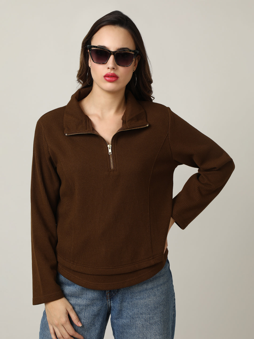 Ribbed Brown Half-Zip Pullover Sweatshirt