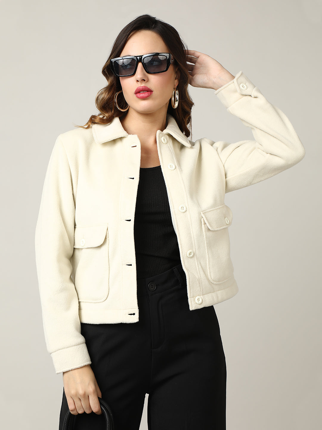 Women's Cream Button-Up Tweed Shacket