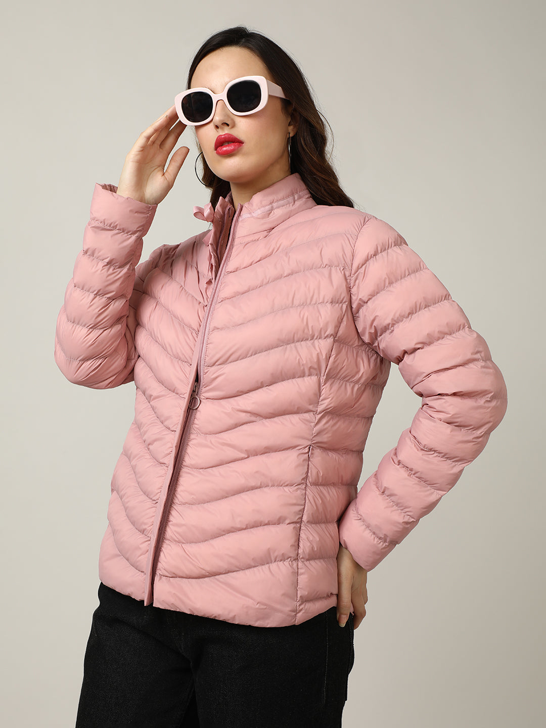 Stylish Chic Pink Puffer Jacket with Bow Detail