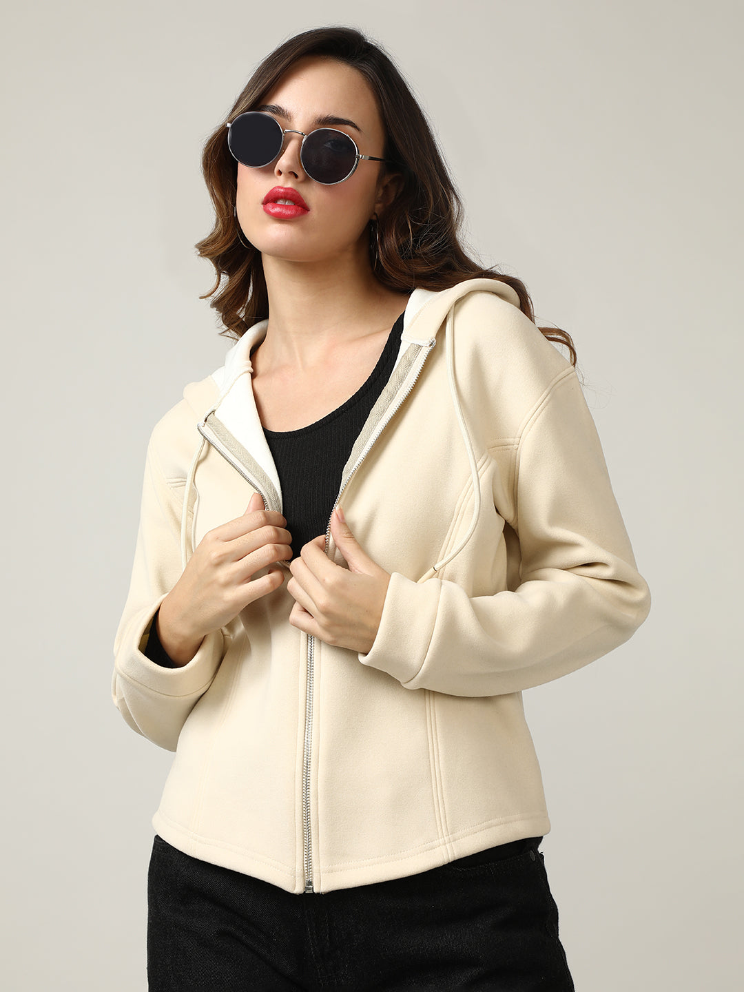 Women's Beige Full-Zip Fleece Hoodie Sweatshirt