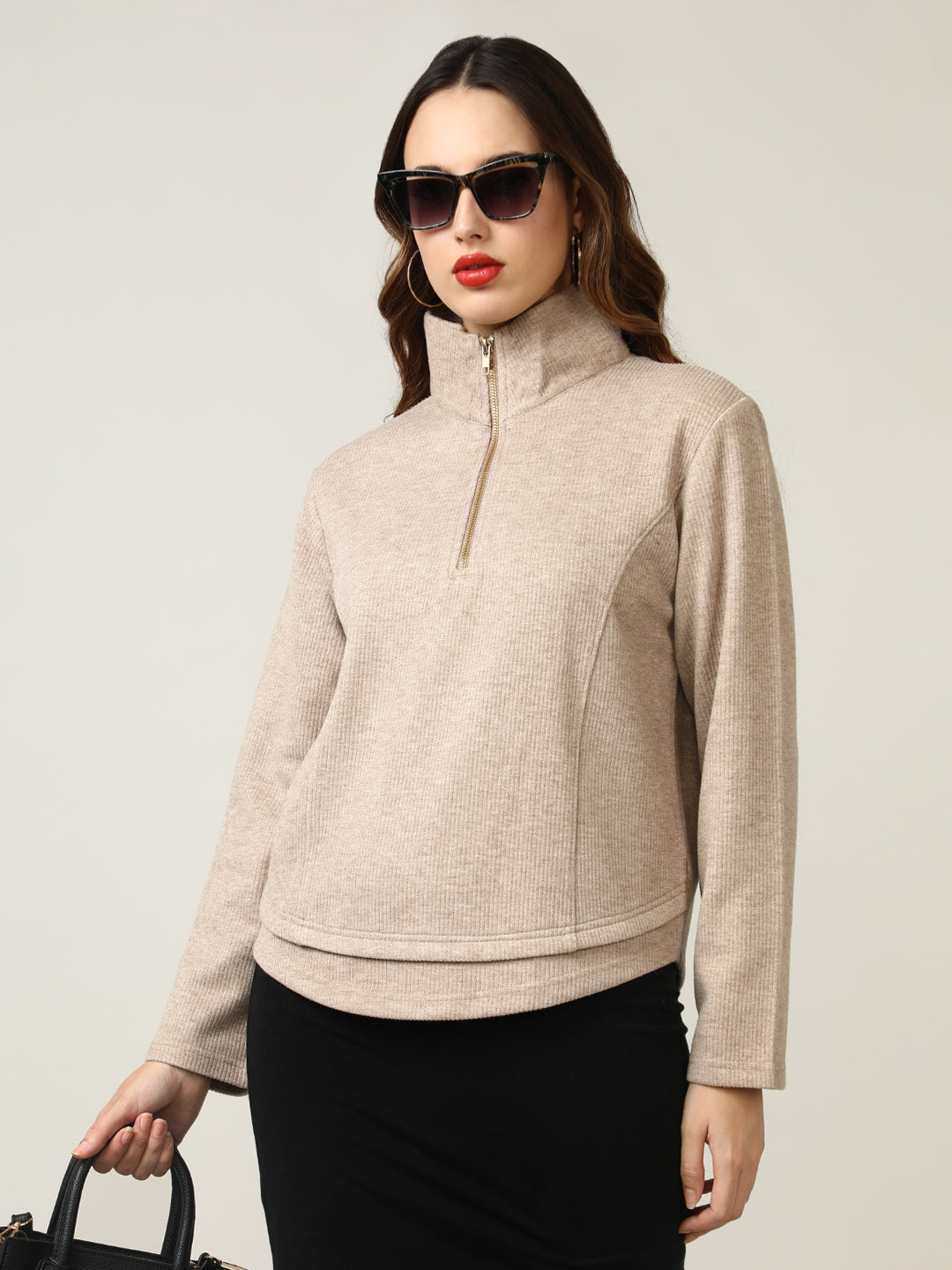 Ribbed Camel Half-Zip Pullover Sweatshirt