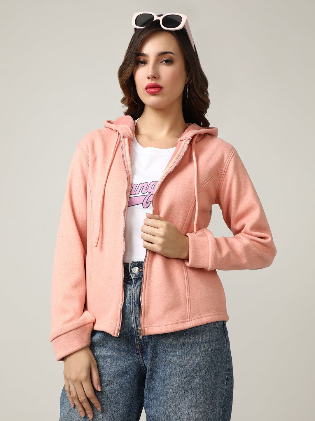 Women's Peach Full-Zip Fleece Hoodie Sweatshirt