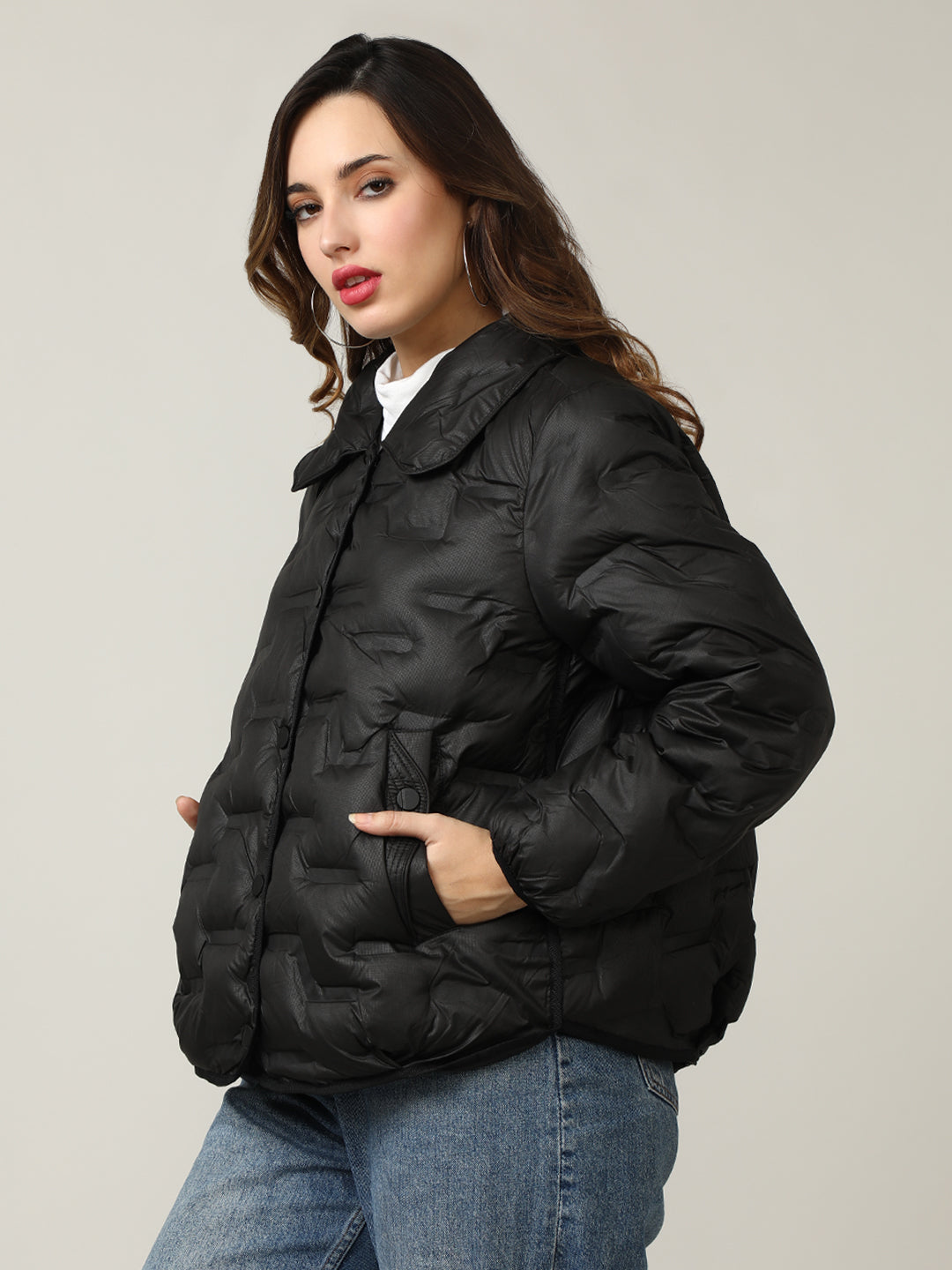 Stylish Black Button-Up Puffer Jacket