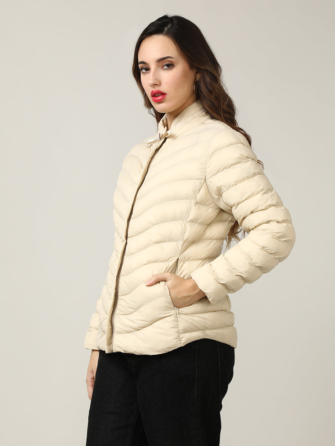 Stylish Cream Puffer Jacket with Bow Detail