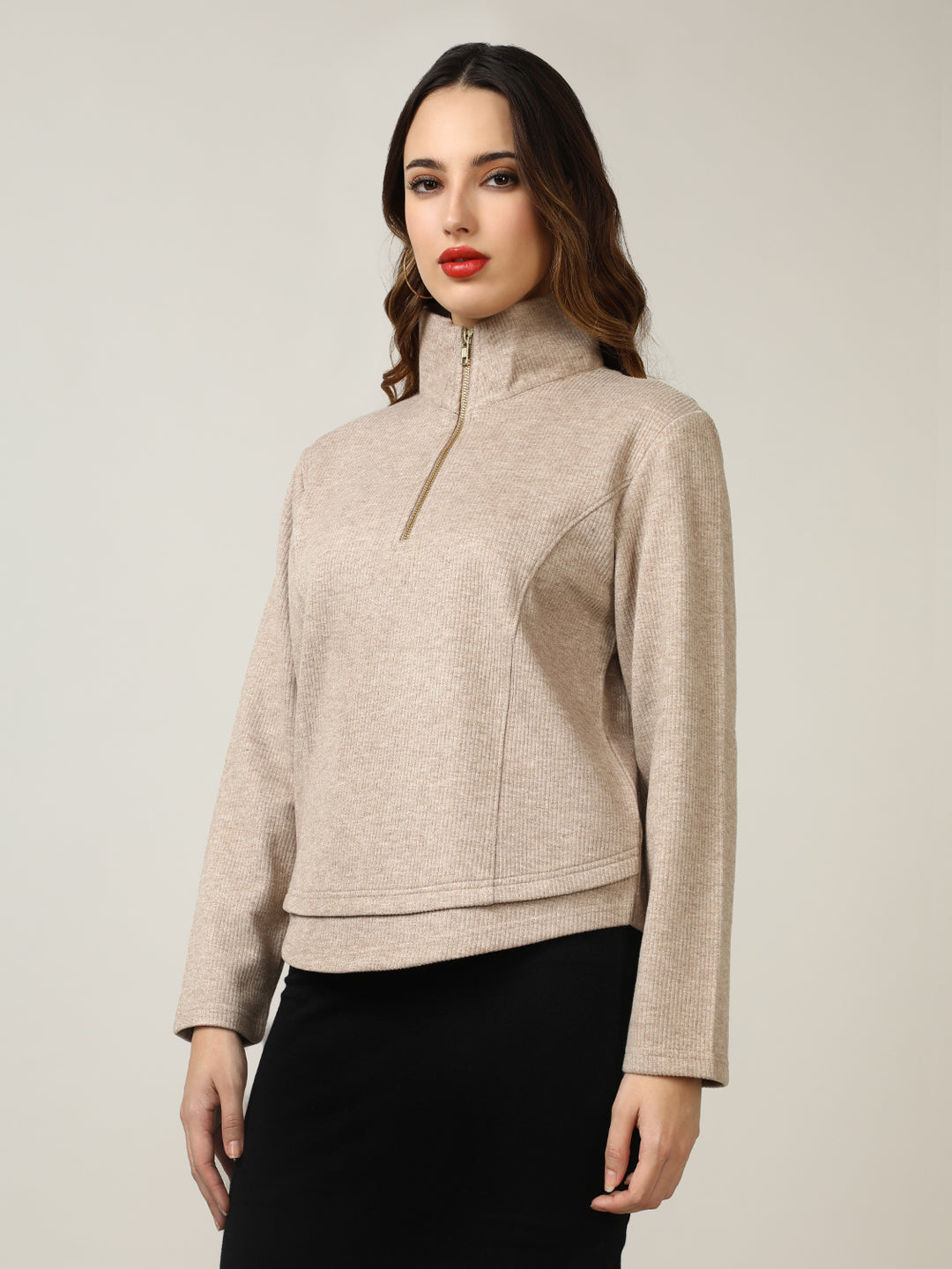 Ribbed Camel Half-Zip Pullover Sweatshirt