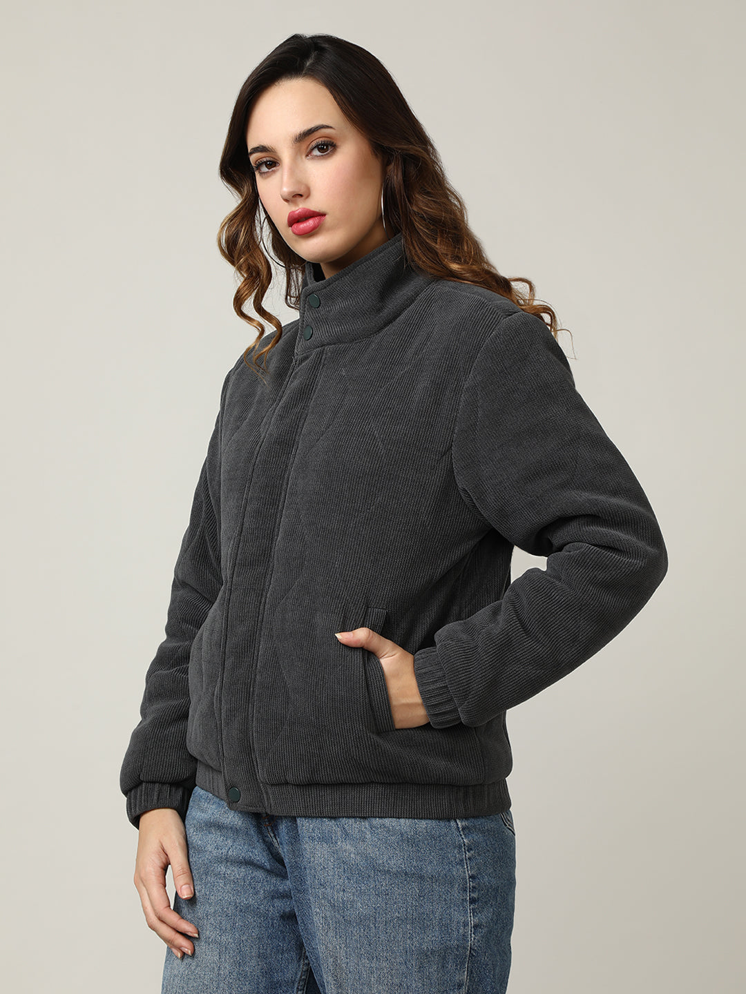 Quilted Grey Corduroy Puffer Jacket