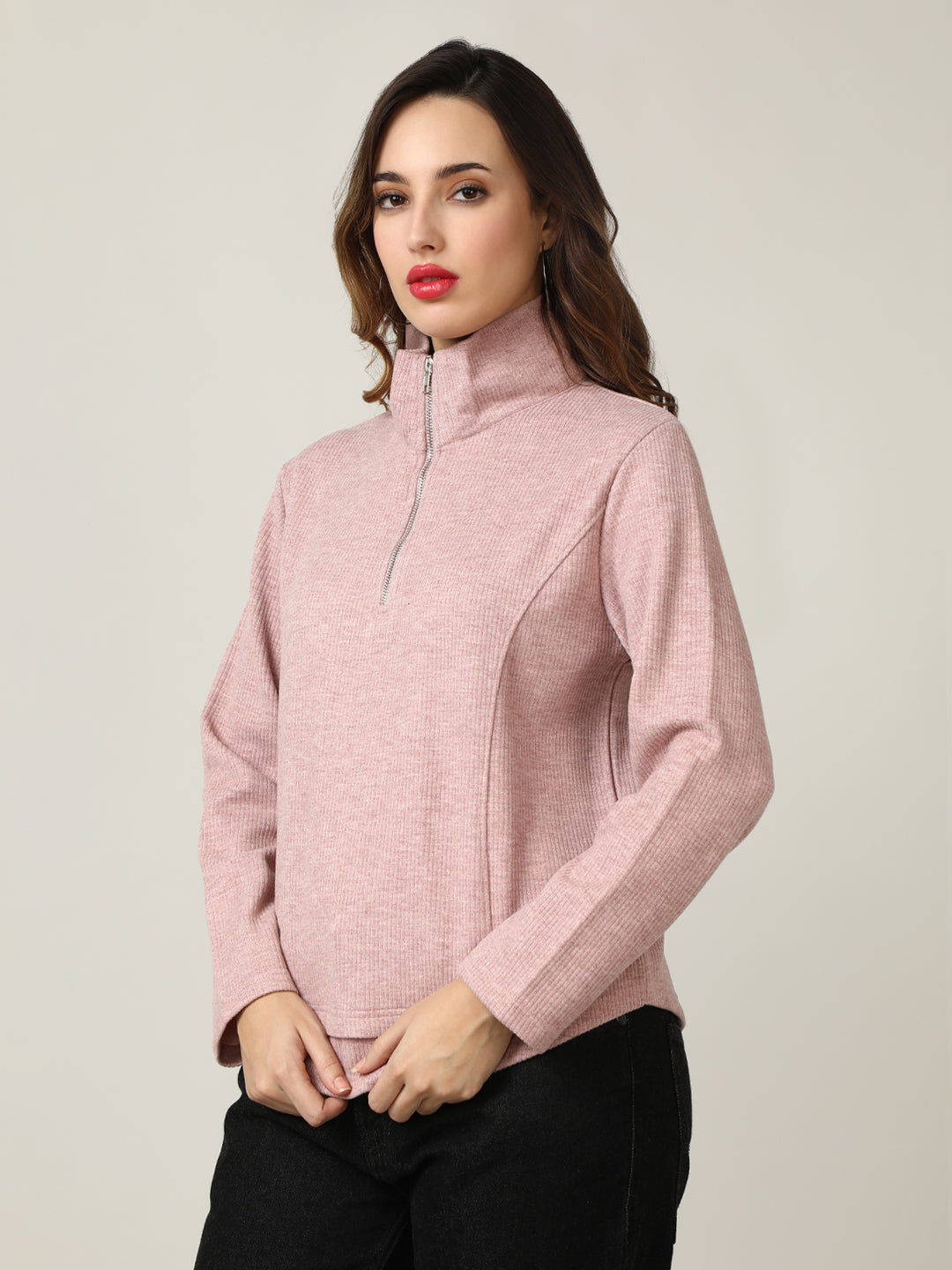 Ribbed Pink Half-Zip Pullover Sweatshirt