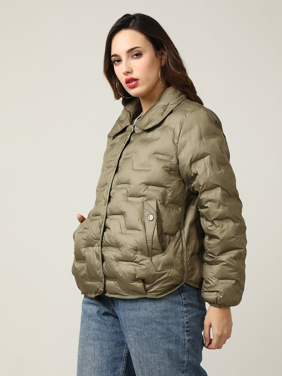 Stylish Olive Button-Up Puffer Jacket