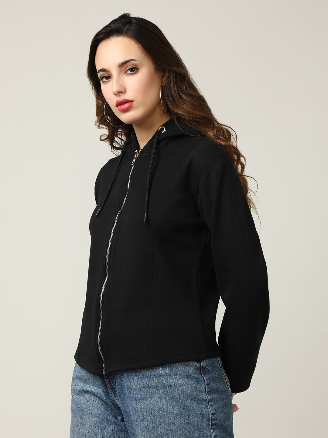 Women's Black Full-Zip Fleece Hoodie Sweatshirt