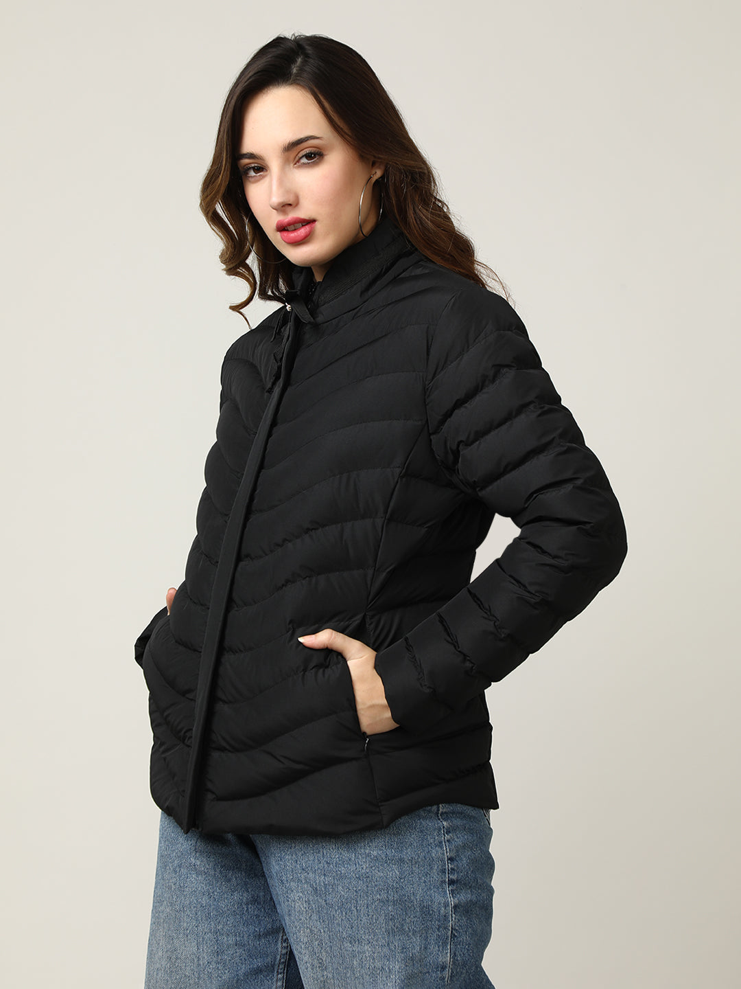 Stylish black Puffer Jacket with Bow Detail