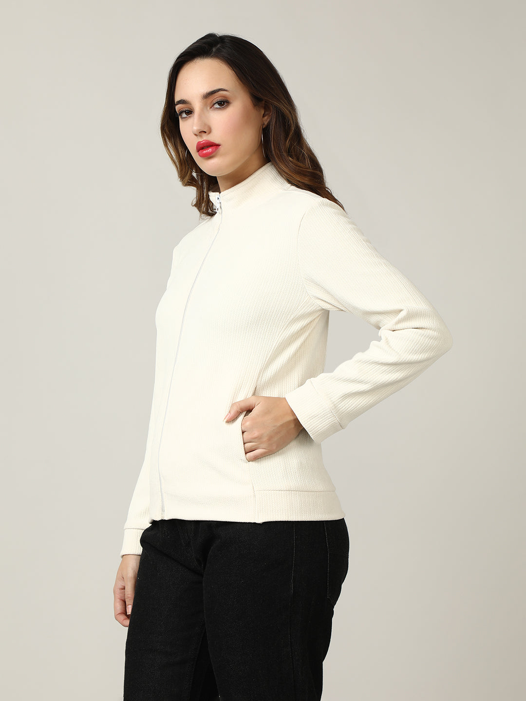 Classic Ecru Ribbed Full-Zip Jacket