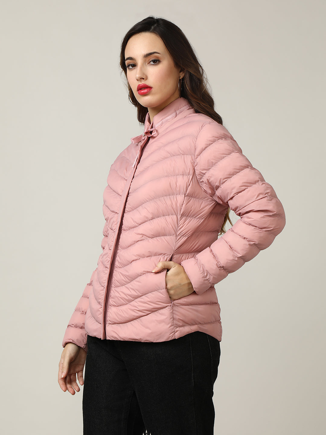 Stylish Chic Pink Puffer Jacket with Bow Detail