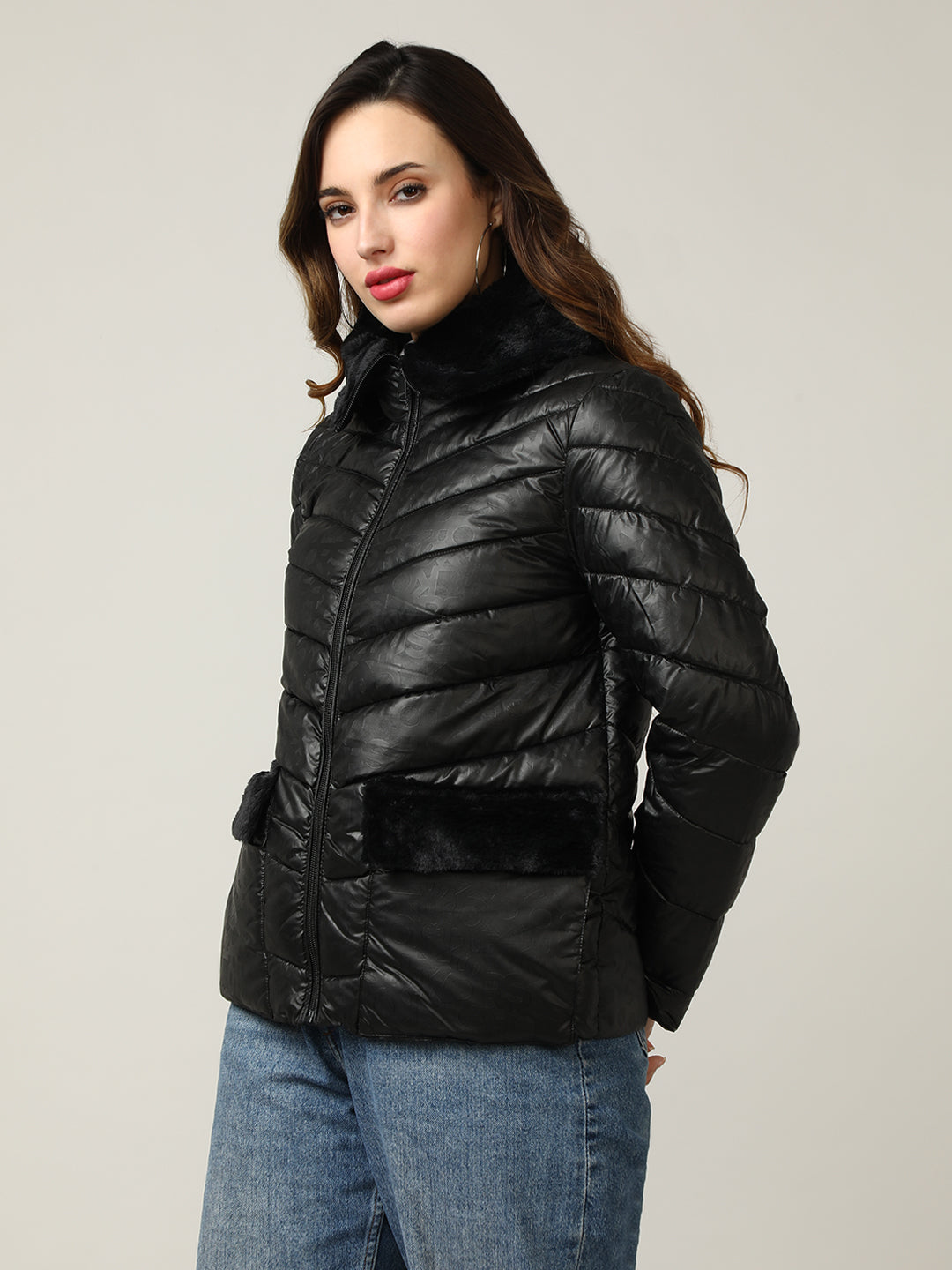 Women's Black Quilted Puffer Jacket with Faux Fur Collar