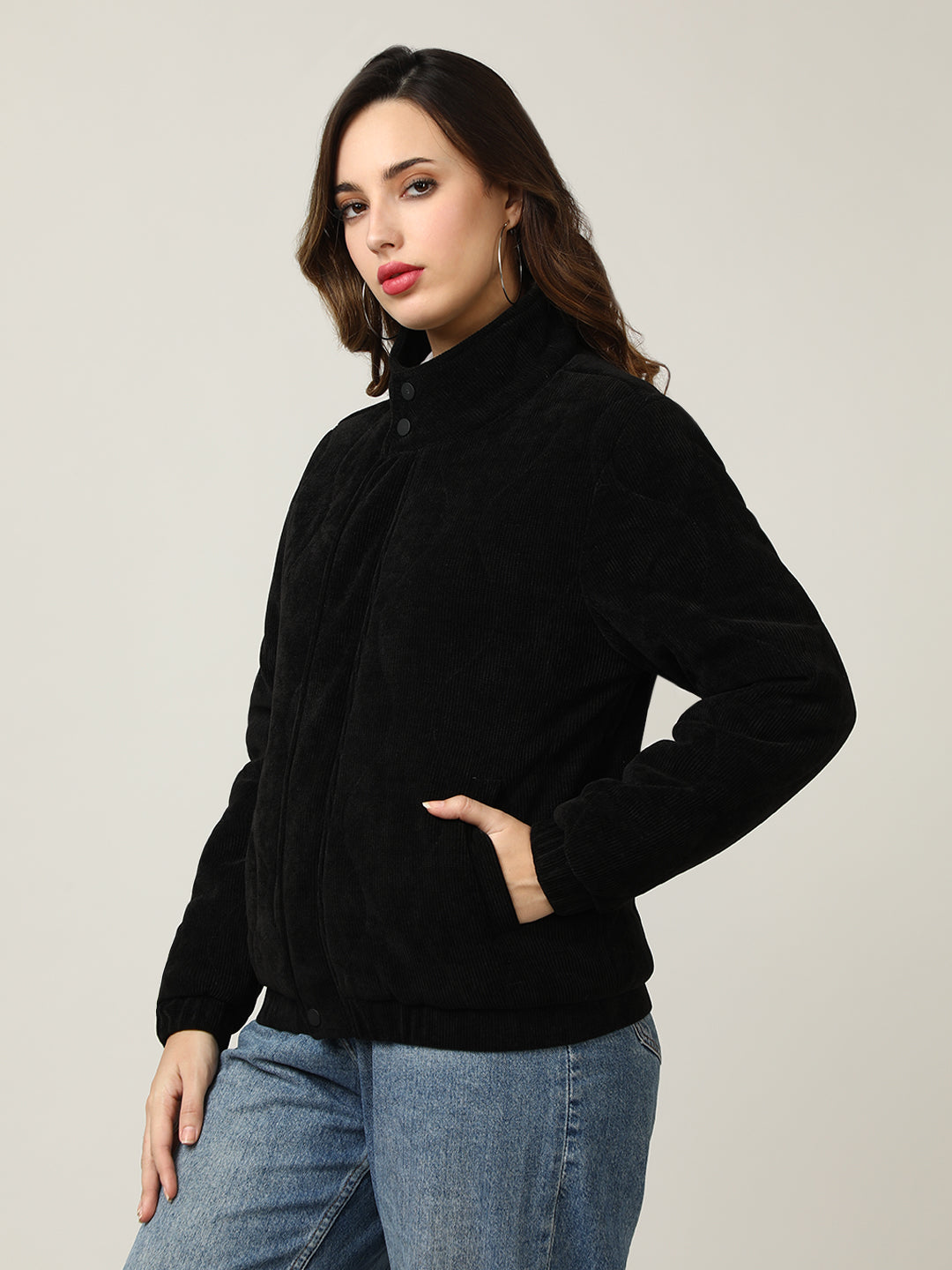 Quilted Black Corduroy Puffer Jacket