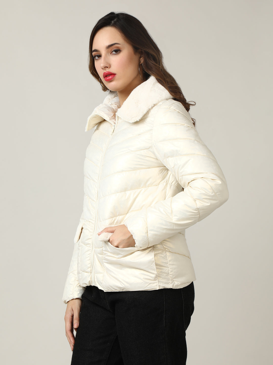 Women's Cream Quilted Puffer Jacket with Faux Fur Collar