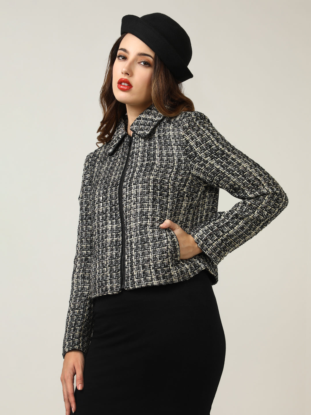 Women's Black Classic Zip-Up Tweed Jacket