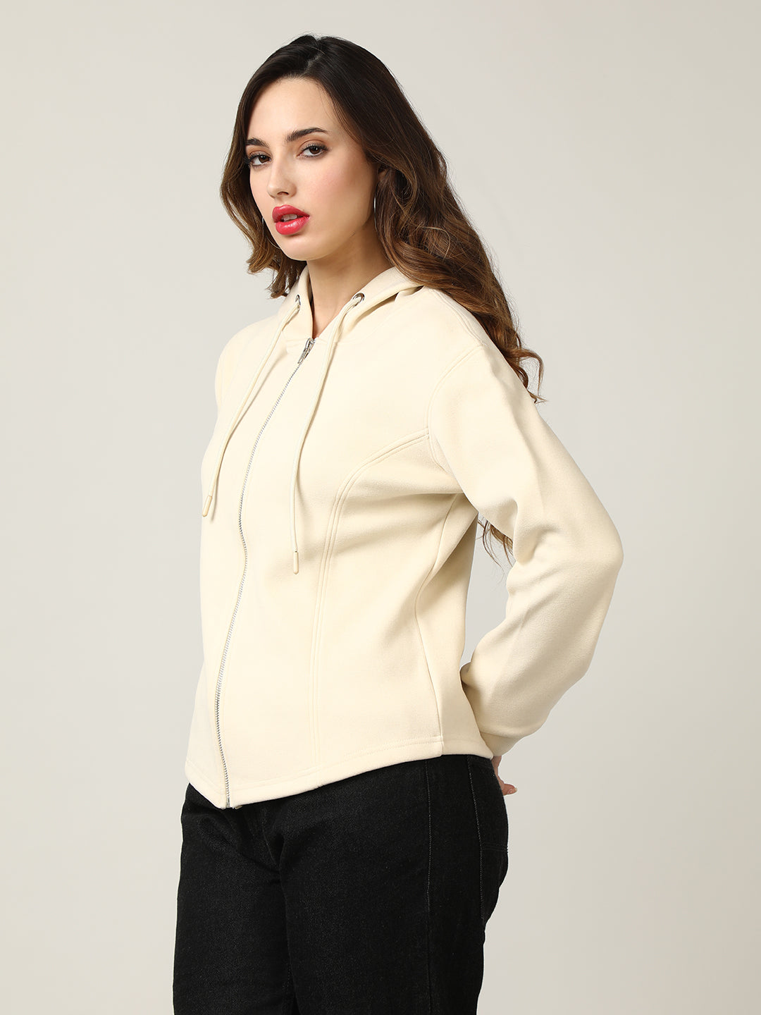 Women's Beige Full-Zip Fleece Hoodie Sweatshirt