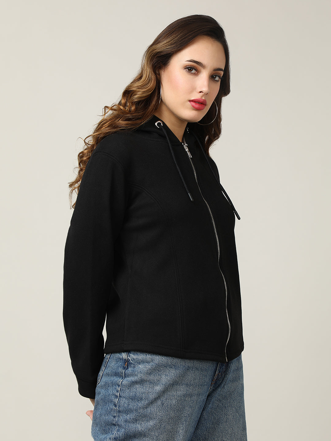 Women's Black Full-Zip Fleece Hoodie Sweatshirt