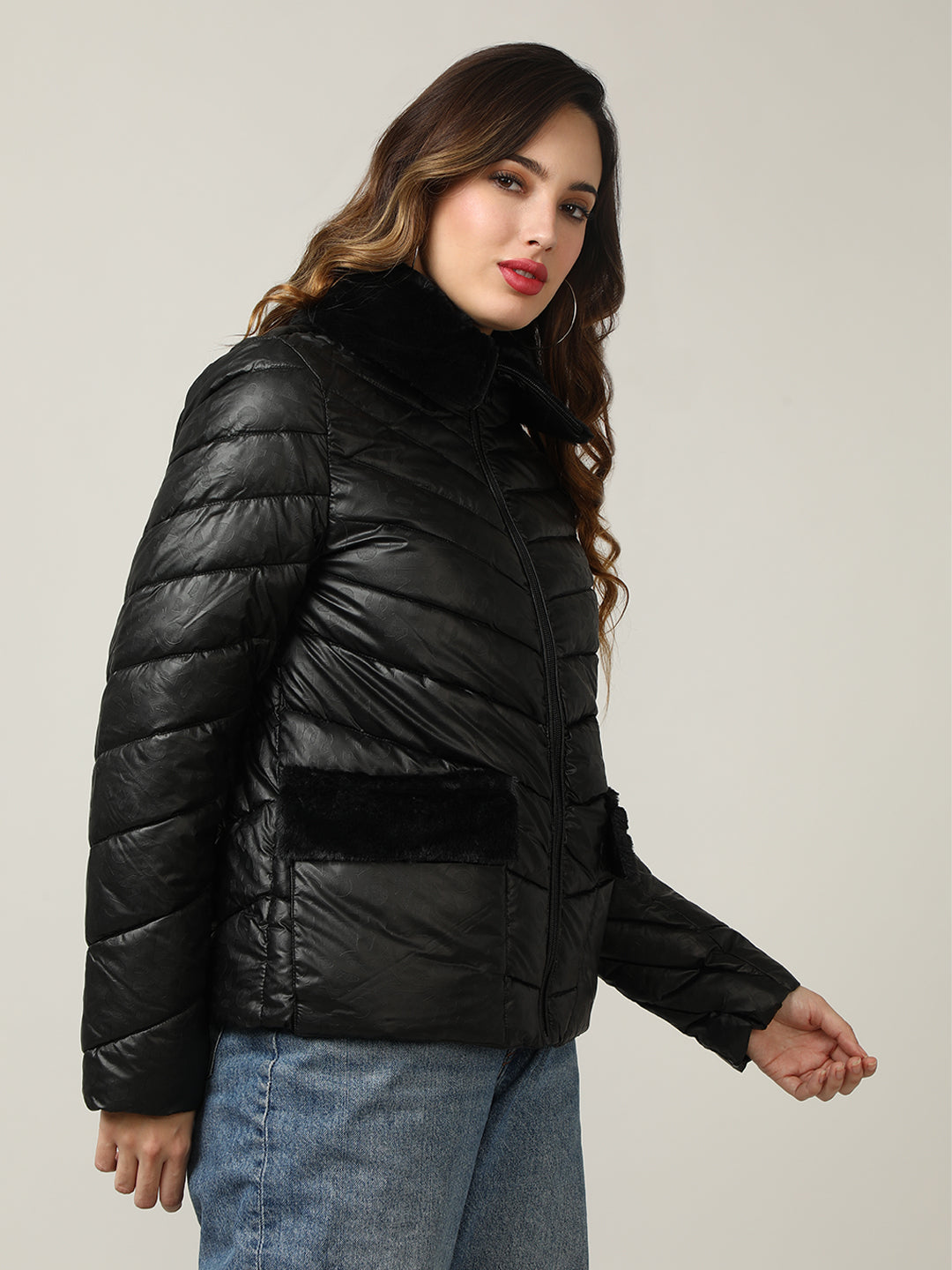 Women's Black Quilted Puffer Jacket with Faux Fur Collar