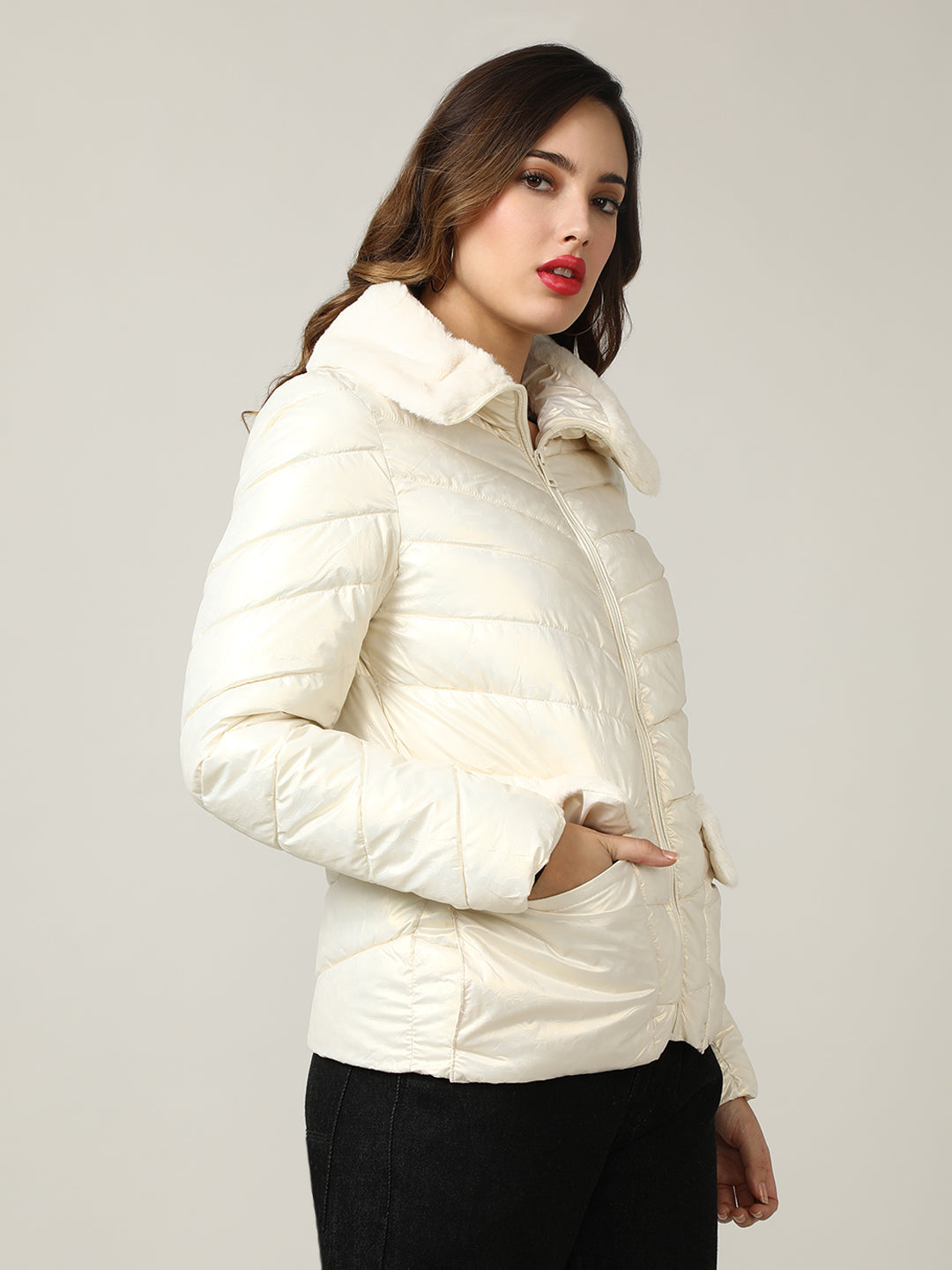 Women's Cream Quilted Puffer Jacket with Faux Fur Collar