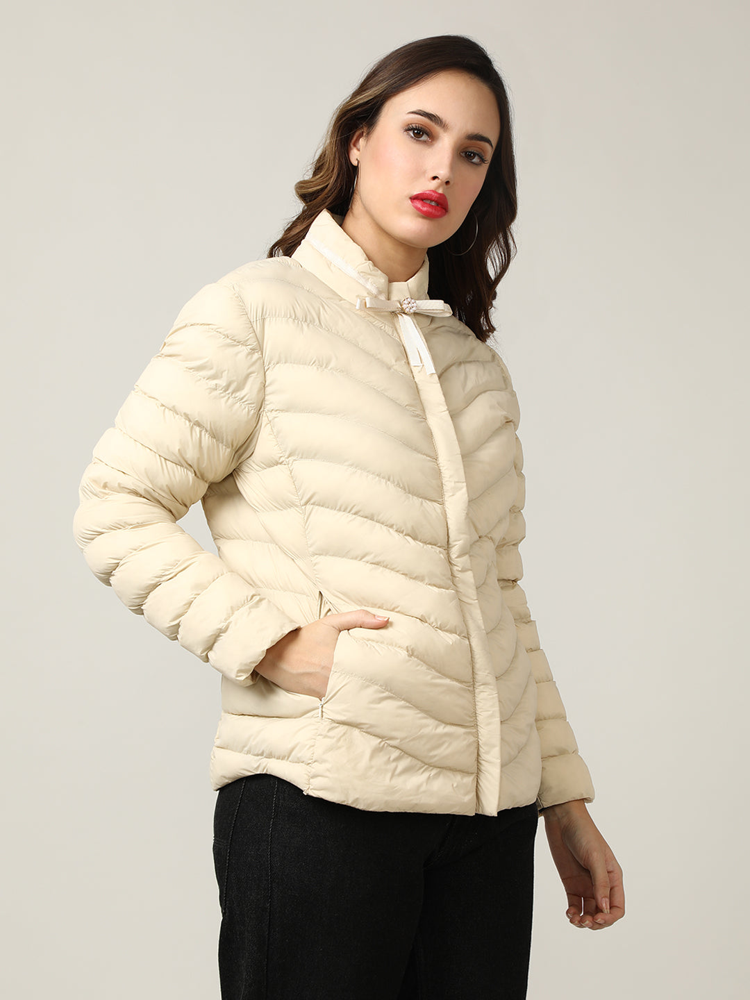 Stylish Cream Puffer Jacket with Bow Detail