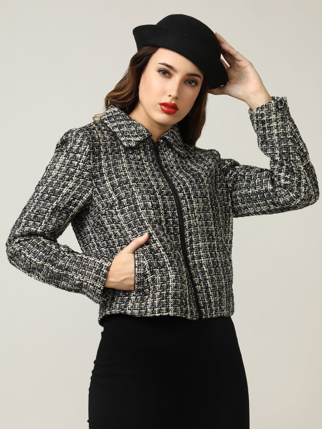 Women's Black Classic Zip-Up Tweed Jacket
