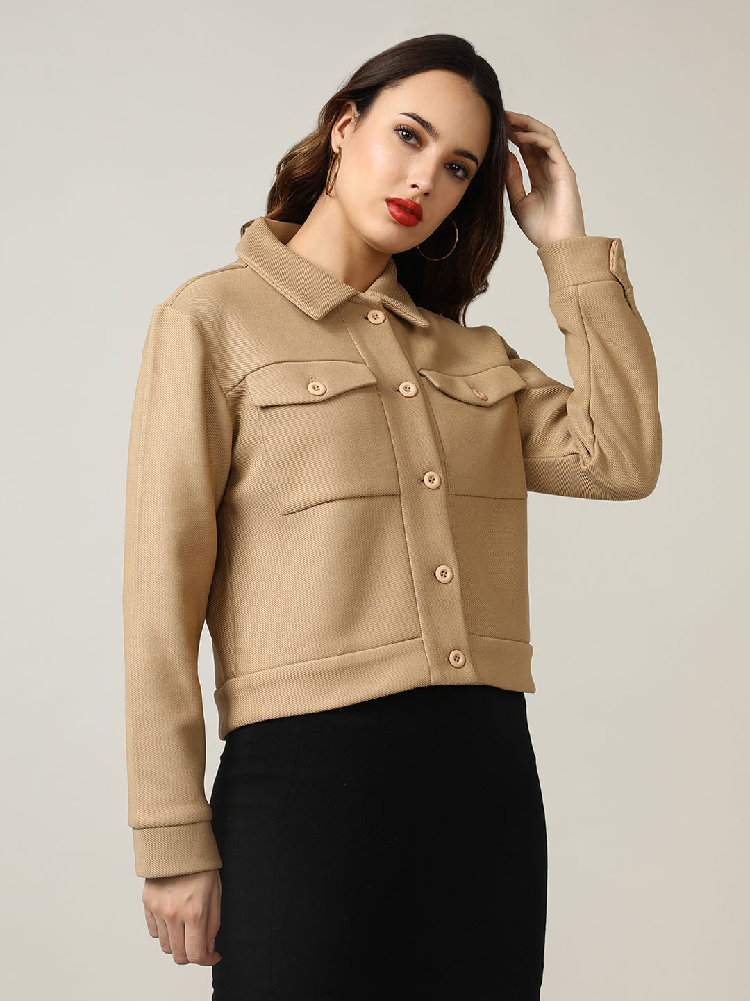 Women's Camel Button-Up Stretchable Knitted Shacket