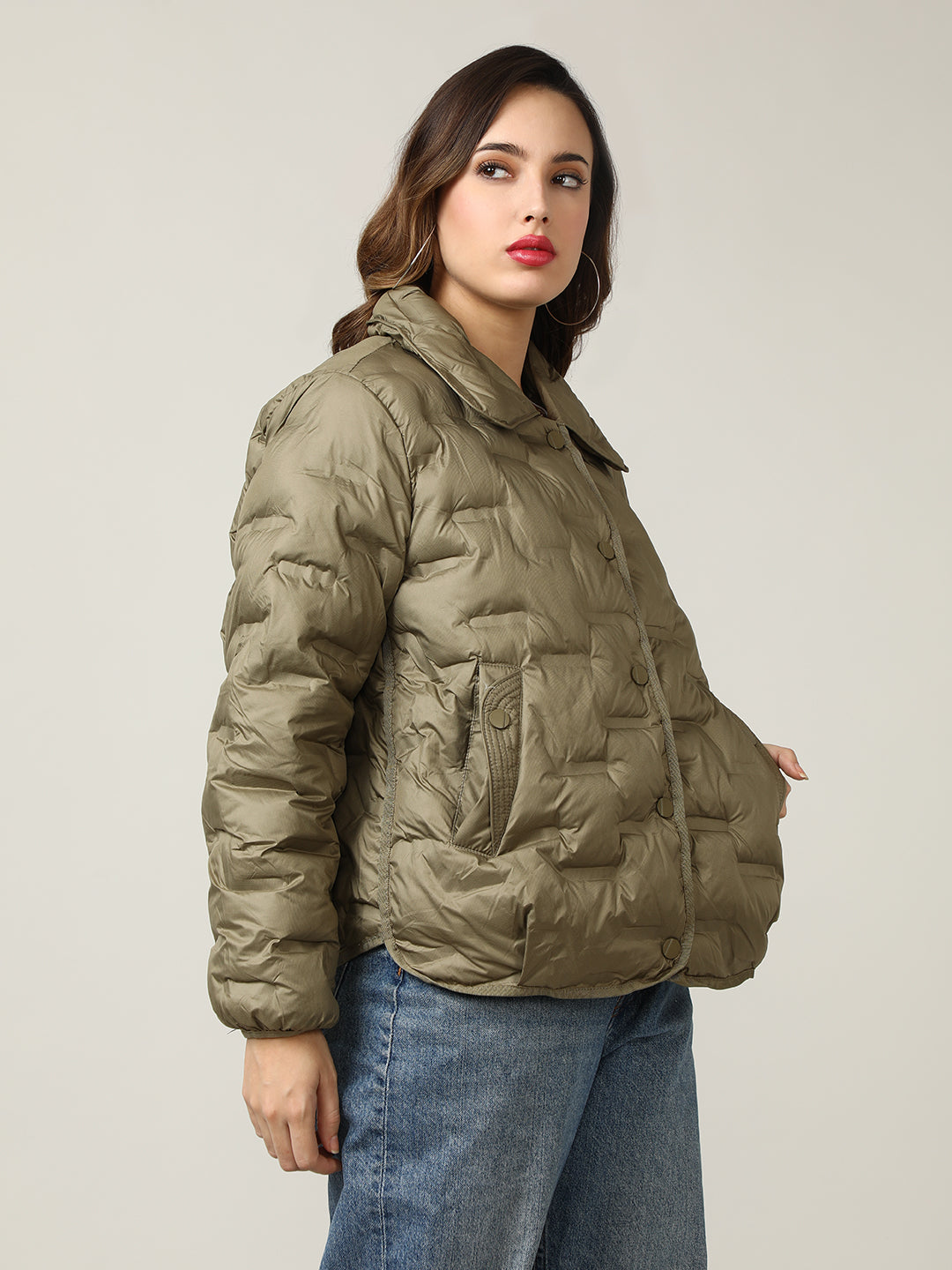 Stylish Olive Button-Up Puffer Jacket