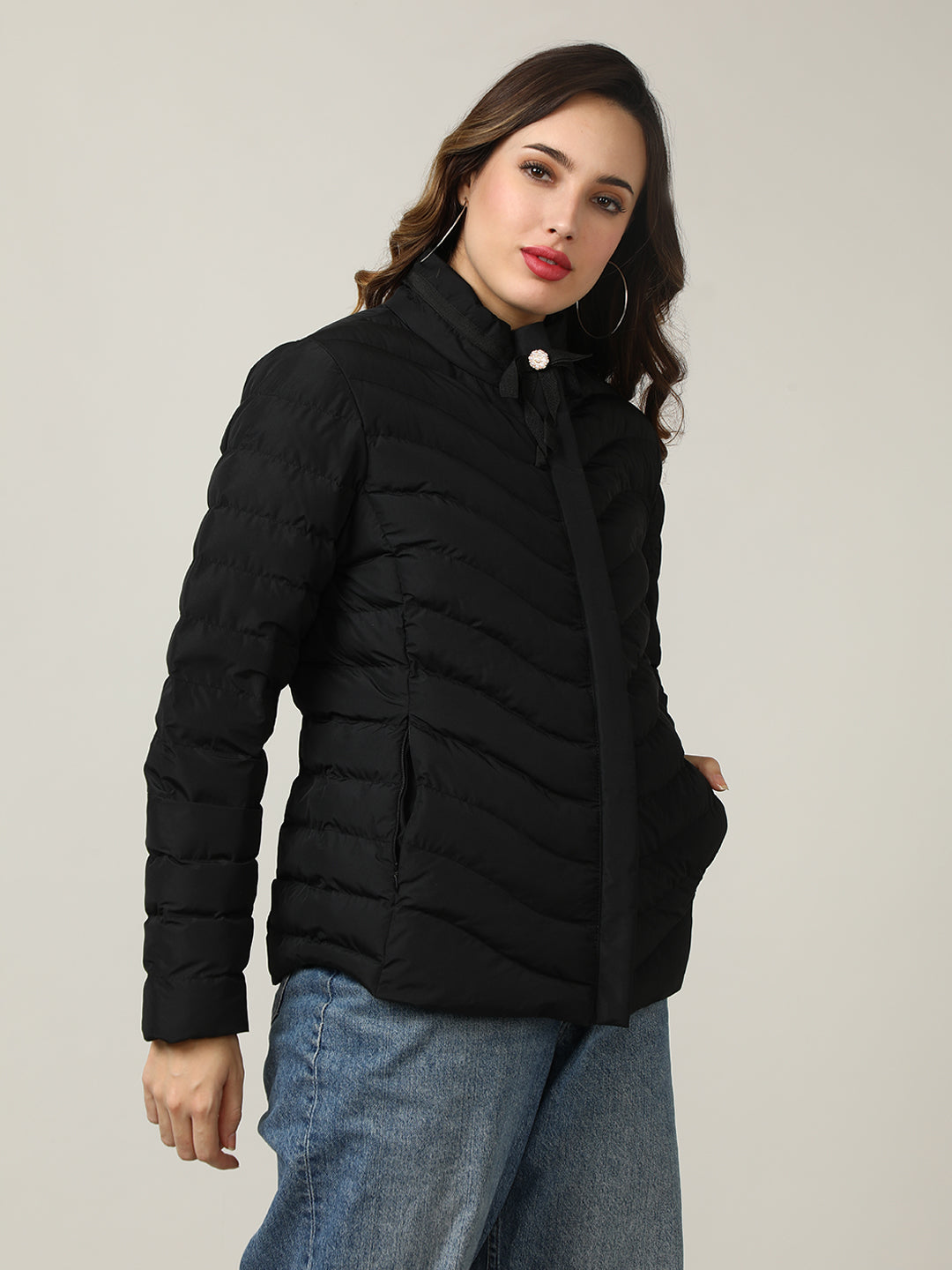 Stylish black Puffer Jacket with Bow Detail