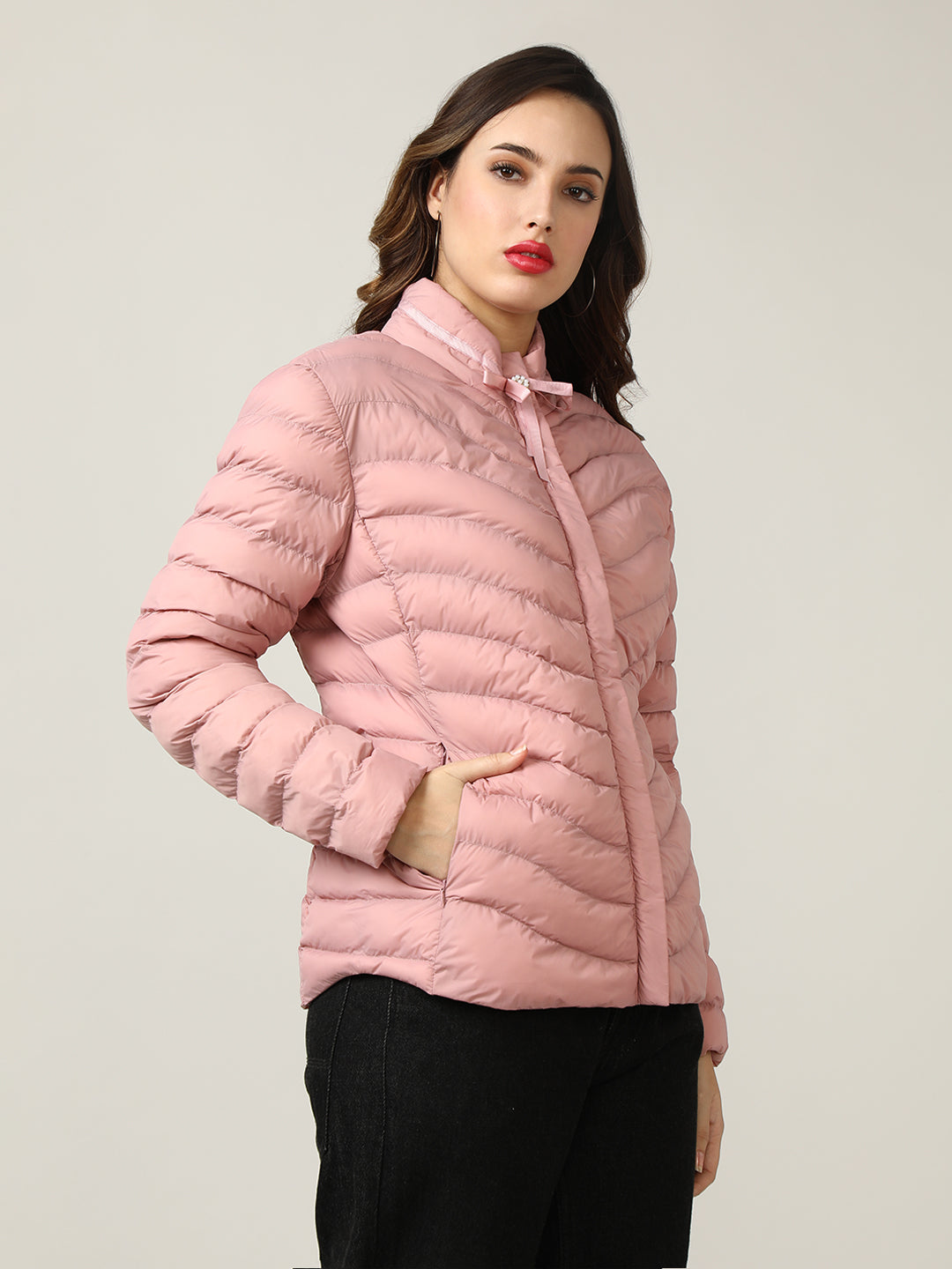 Stylish Chic Pink Puffer Jacket with Bow Detail