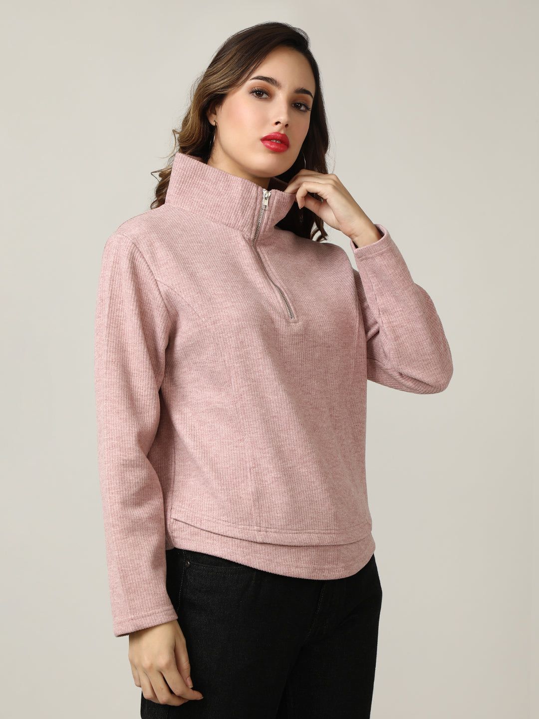 Ribbed Pink Half-Zip Pullover Sweatshirt
