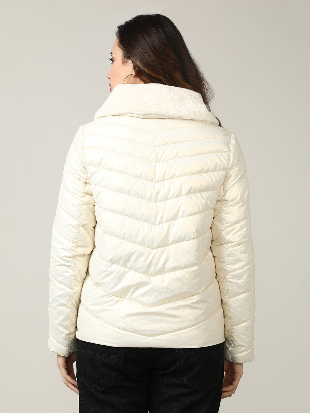 Women's Cream Quilted Puffer Jacket with Faux Fur Collar