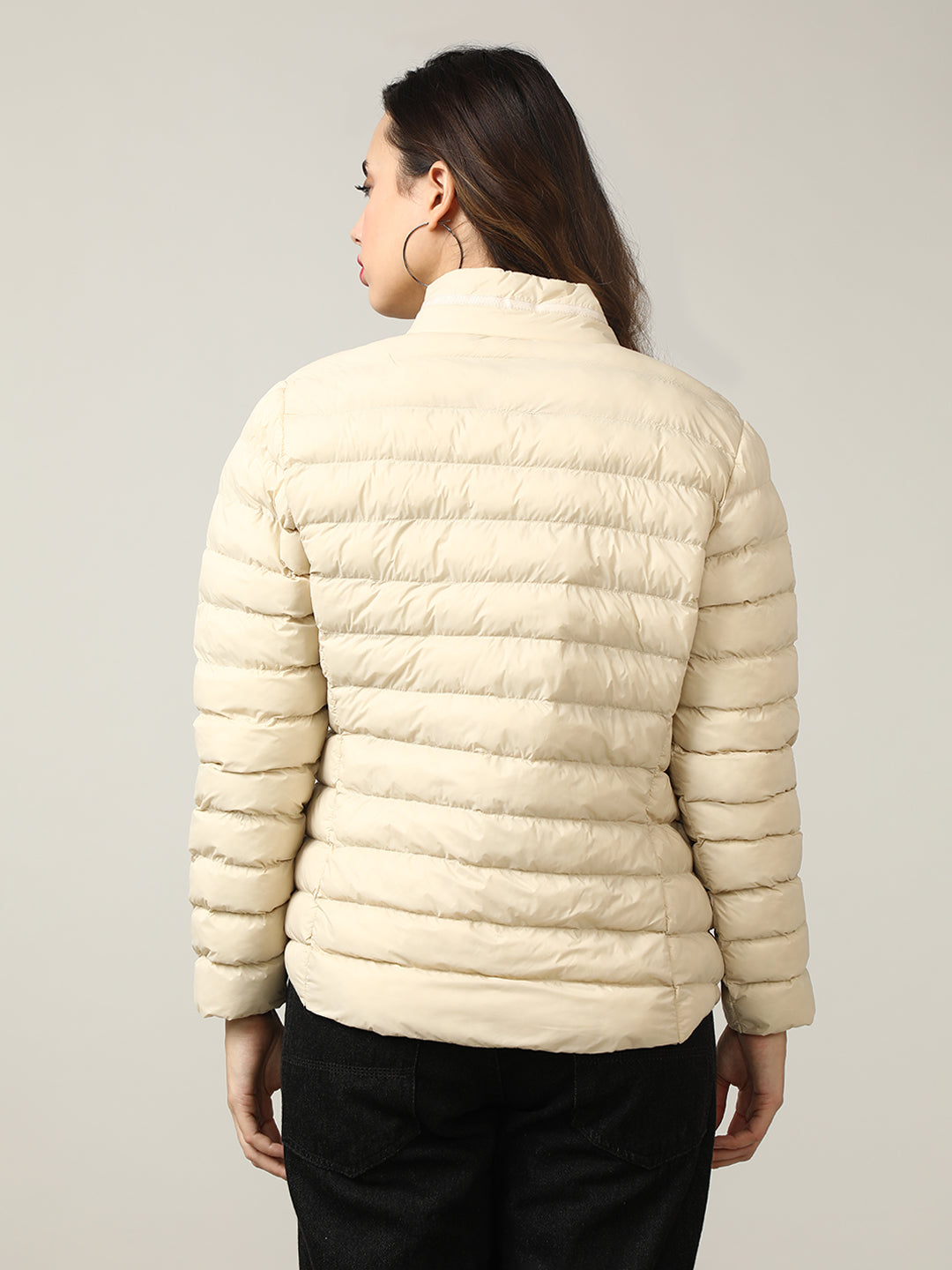 Stylish Cream Puffer Jacket with Bow Detail