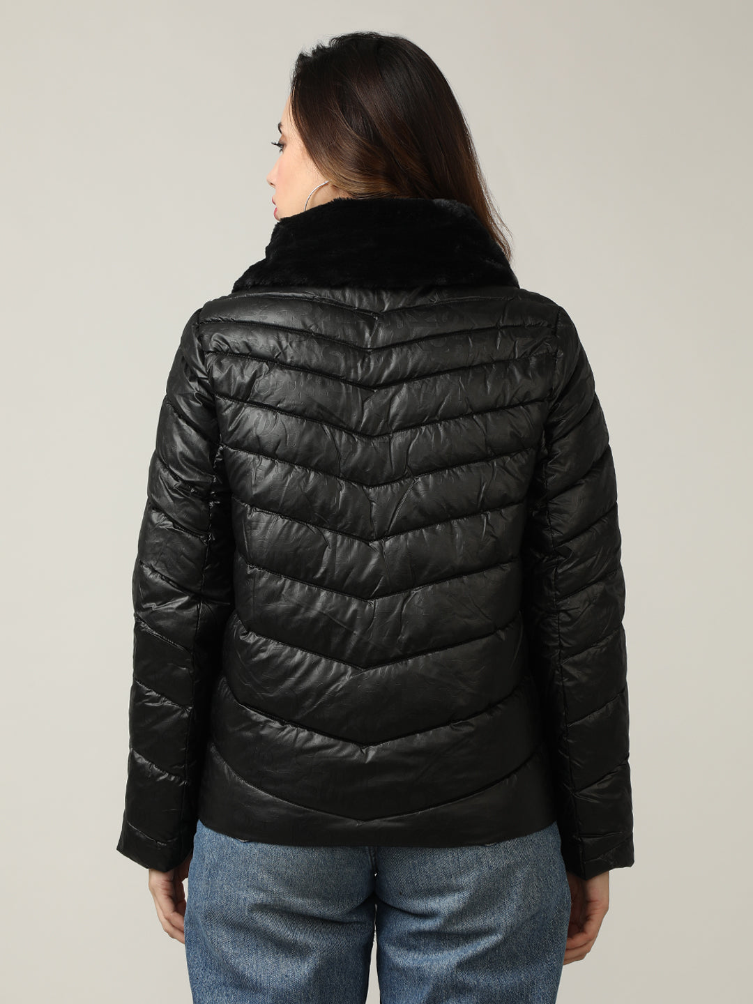 Women's Black Quilted Puffer Jacket with Faux Fur Collar