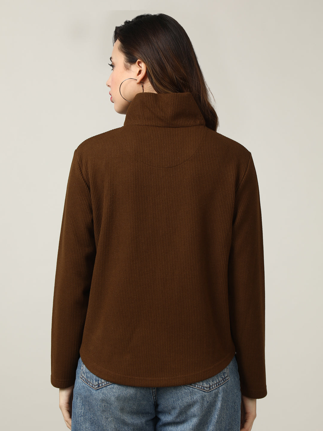 Ribbed Brown Half-Zip Pullover Sweatshirt