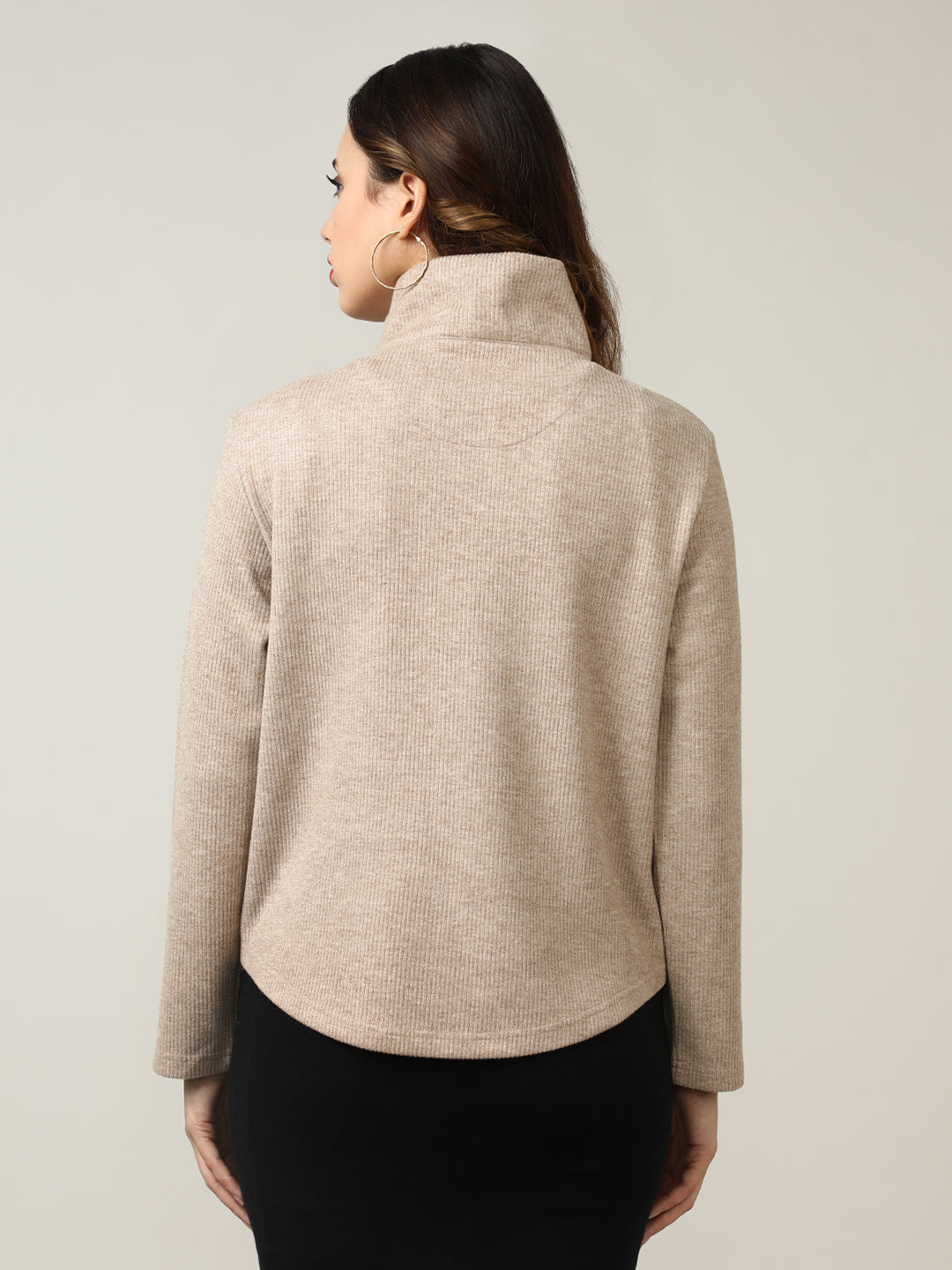 Ribbed Camel Half-Zip Pullover Sweatshirt