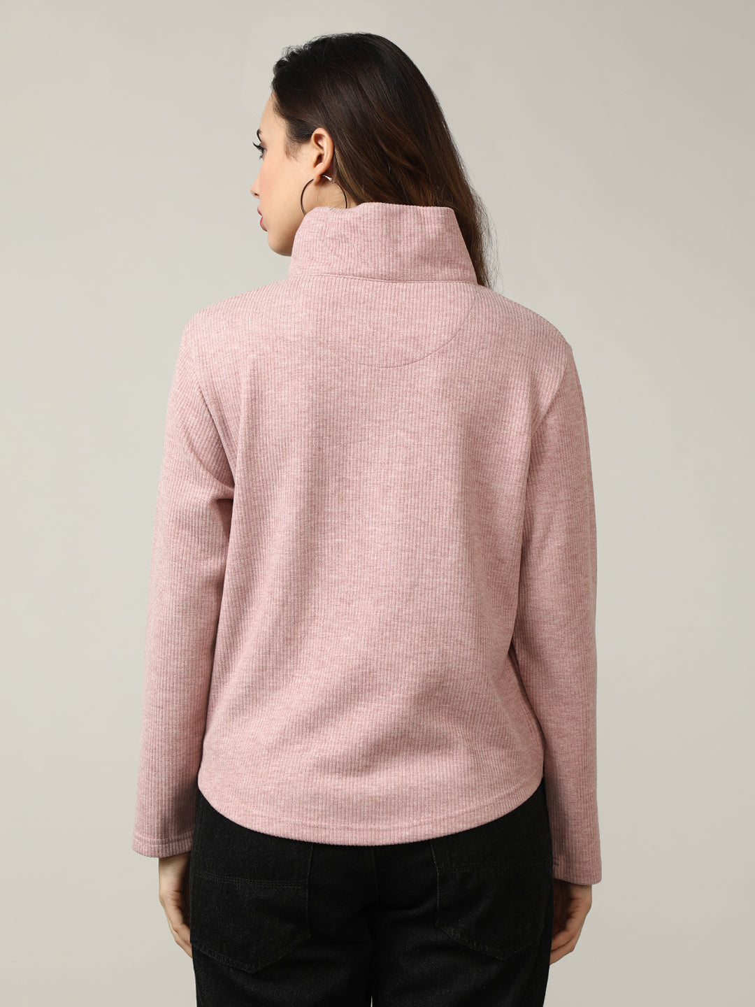 Ribbed Pink Half-Zip Pullover Sweatshirt