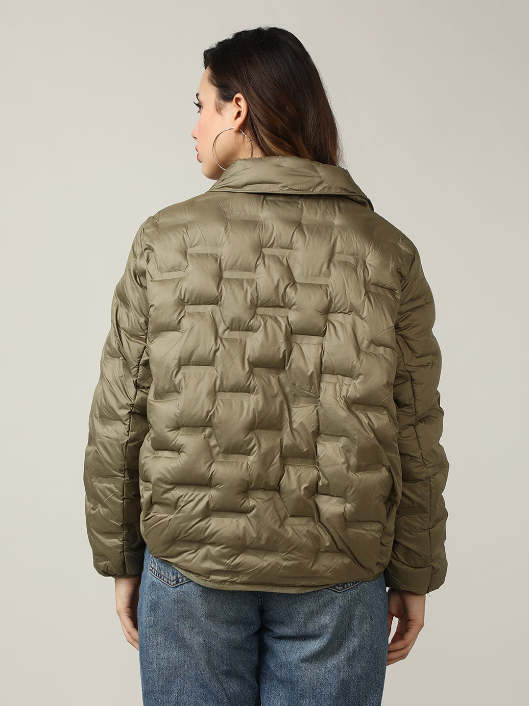 Stylish Olive Button-Up Puffer Jacket