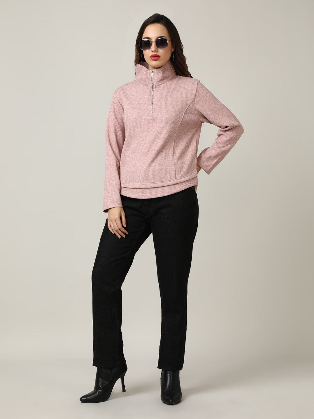 Ribbed Pink Half-Zip Pullover Sweatshirt
