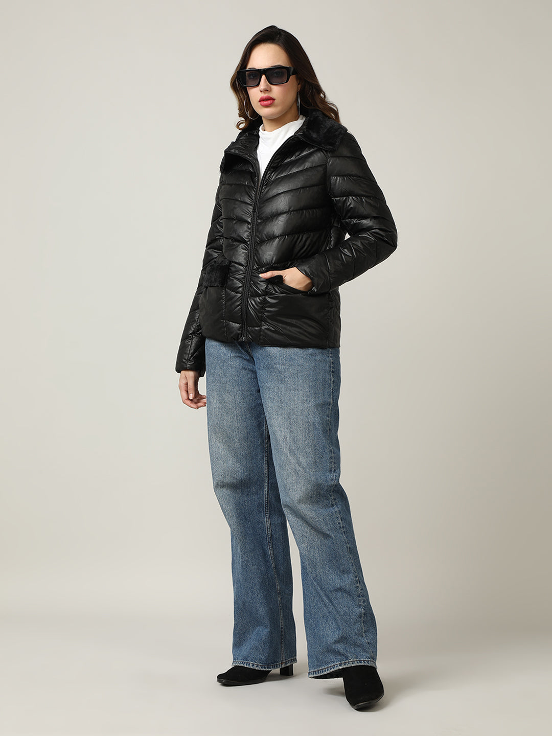 Women's Black Quilted Puffer Jacket with Faux Fur Collar